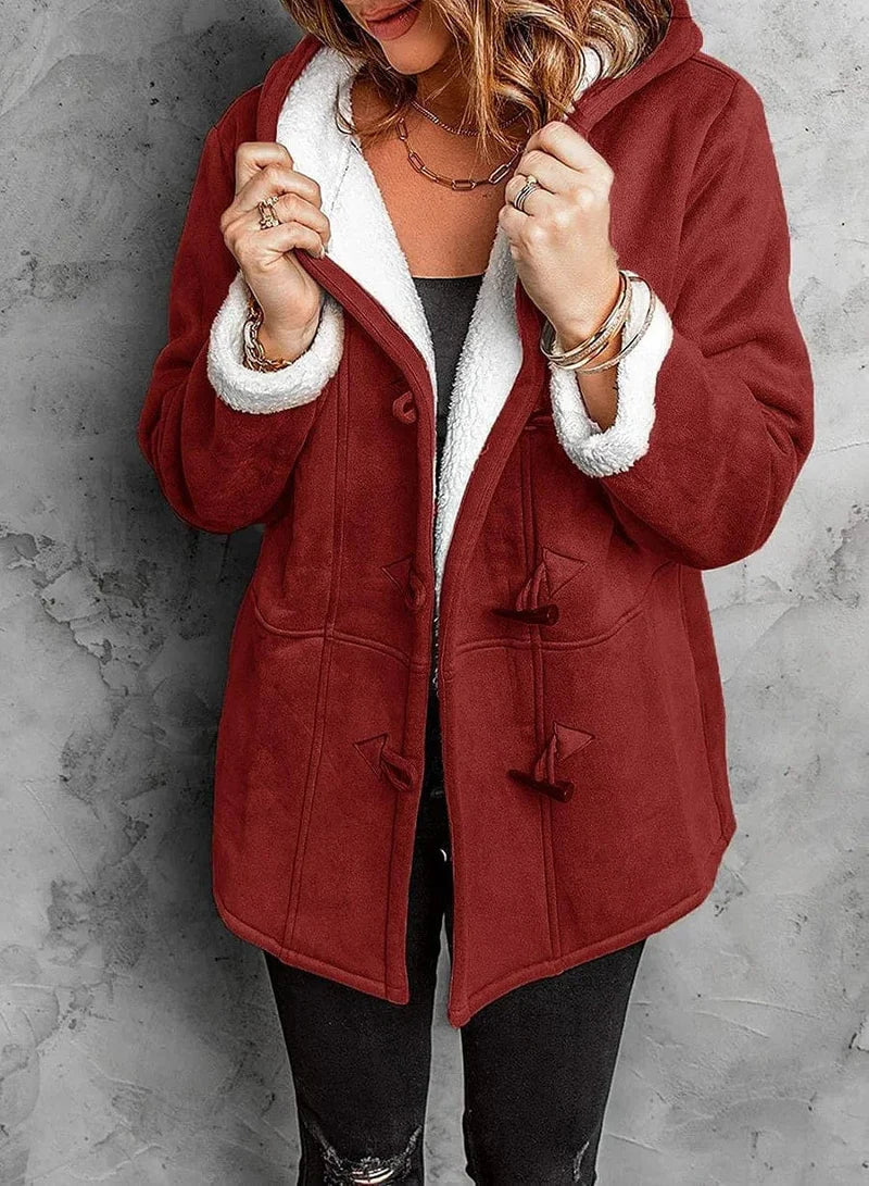 Cappotto da donna con cappuccio in materiale felpato simile al cashmere