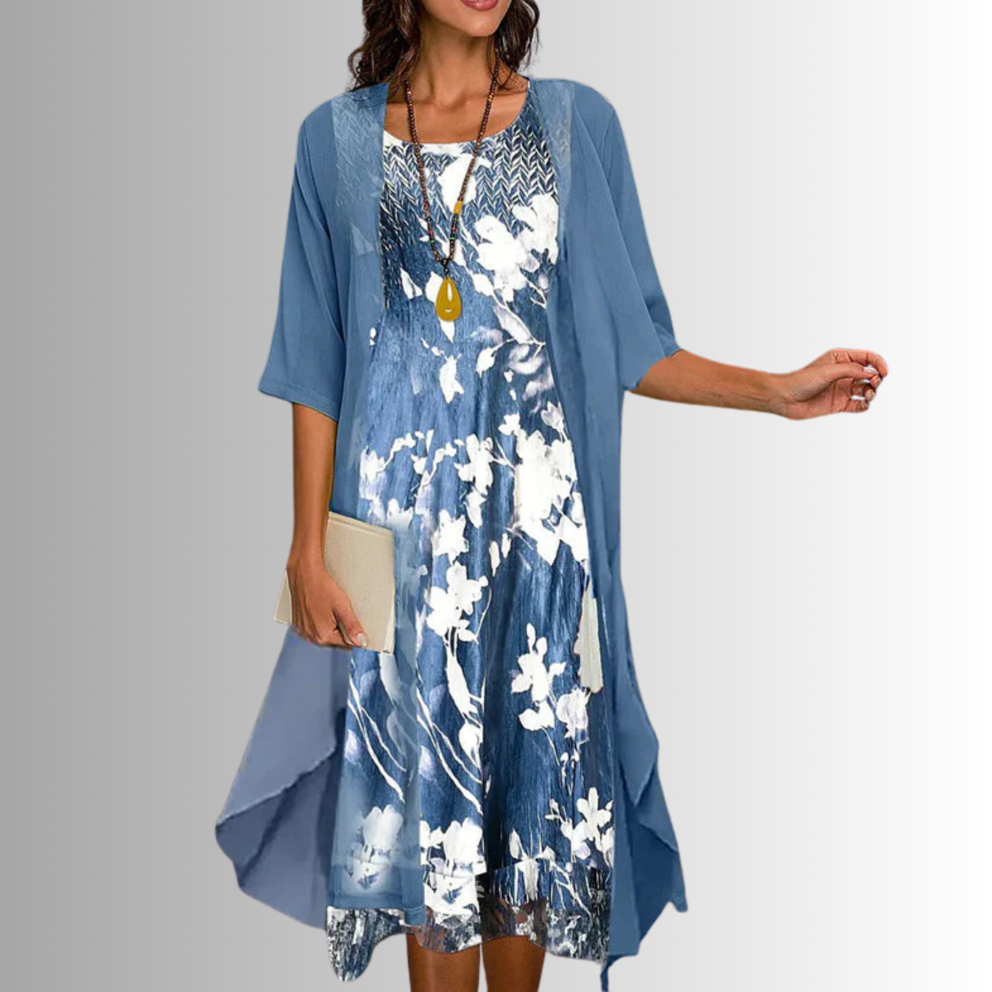 Rochie midi florală de damă, cu straturi, și cardigan transparent tip duster