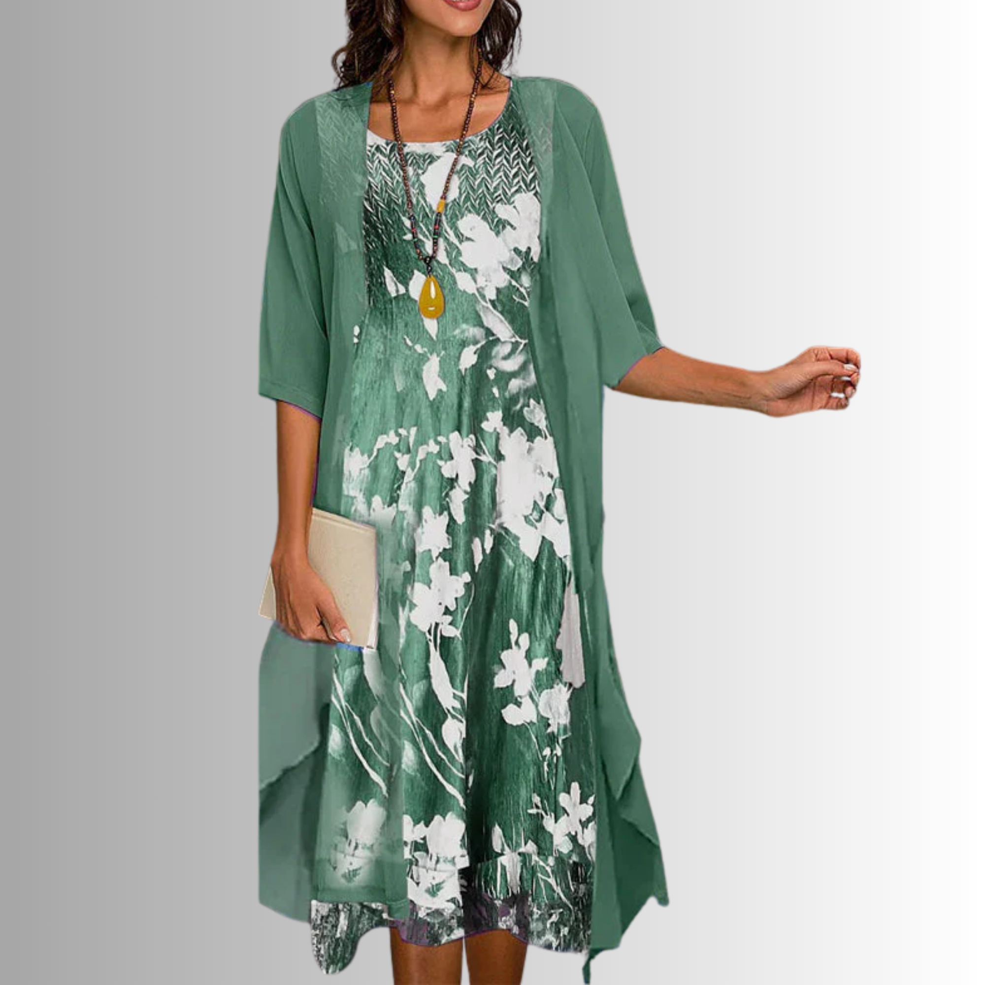 Rochie midi florală de damă, cu straturi, și cardigan transparent tip duster