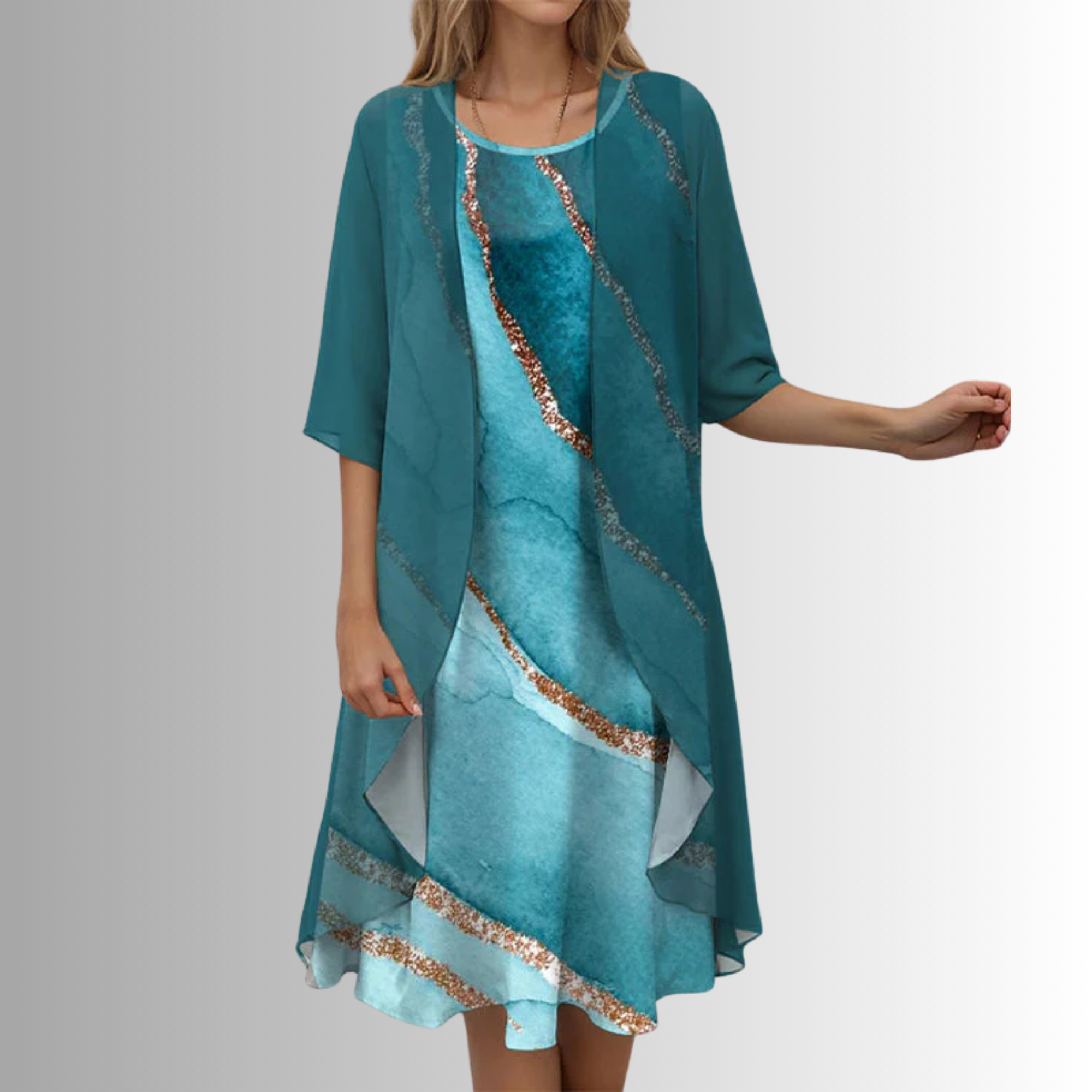 Rochie midi florală de damă, cu straturi, și cardigan transparent tip duster