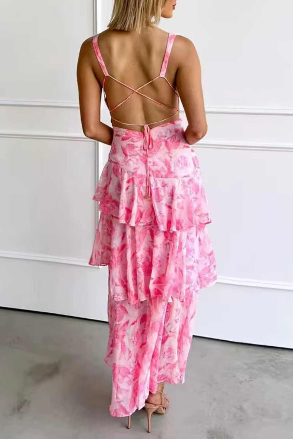 Vera - Maxi abito estivo da donna floreale con scollo a V, senza maniche, a balze in stile boho