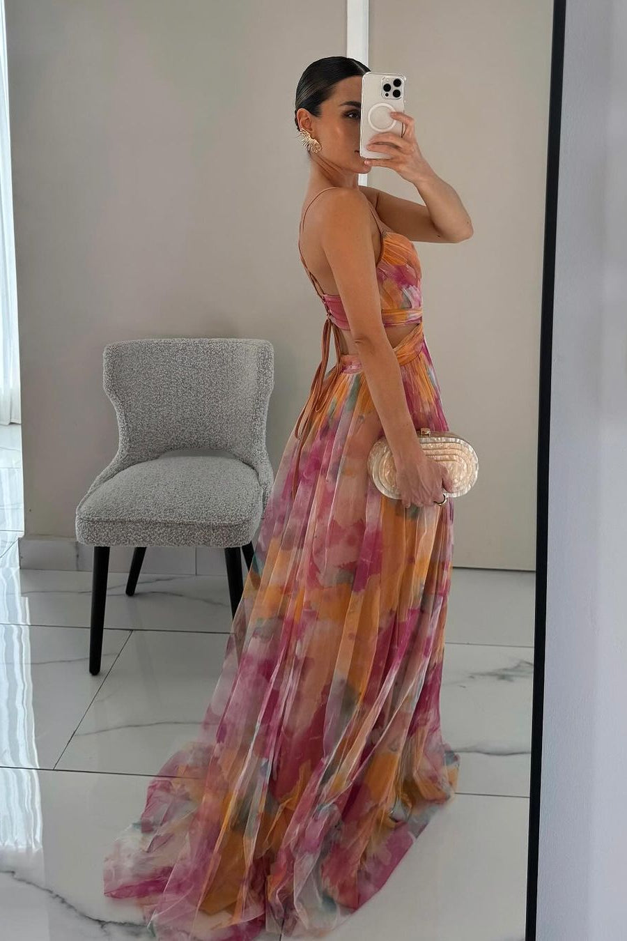 Abito lungo floreale da donna per invitate a nozze con gonna plissettata