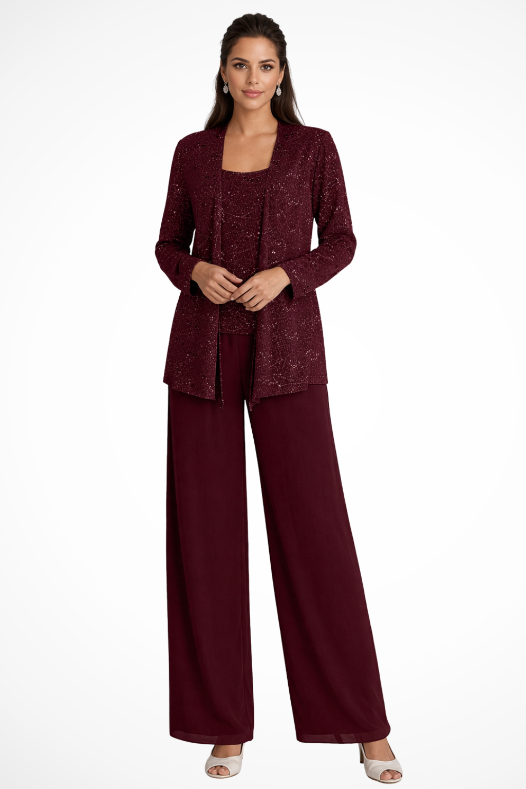 Women's Sequin Lace Three Piece Trouser Suit Wide Leg