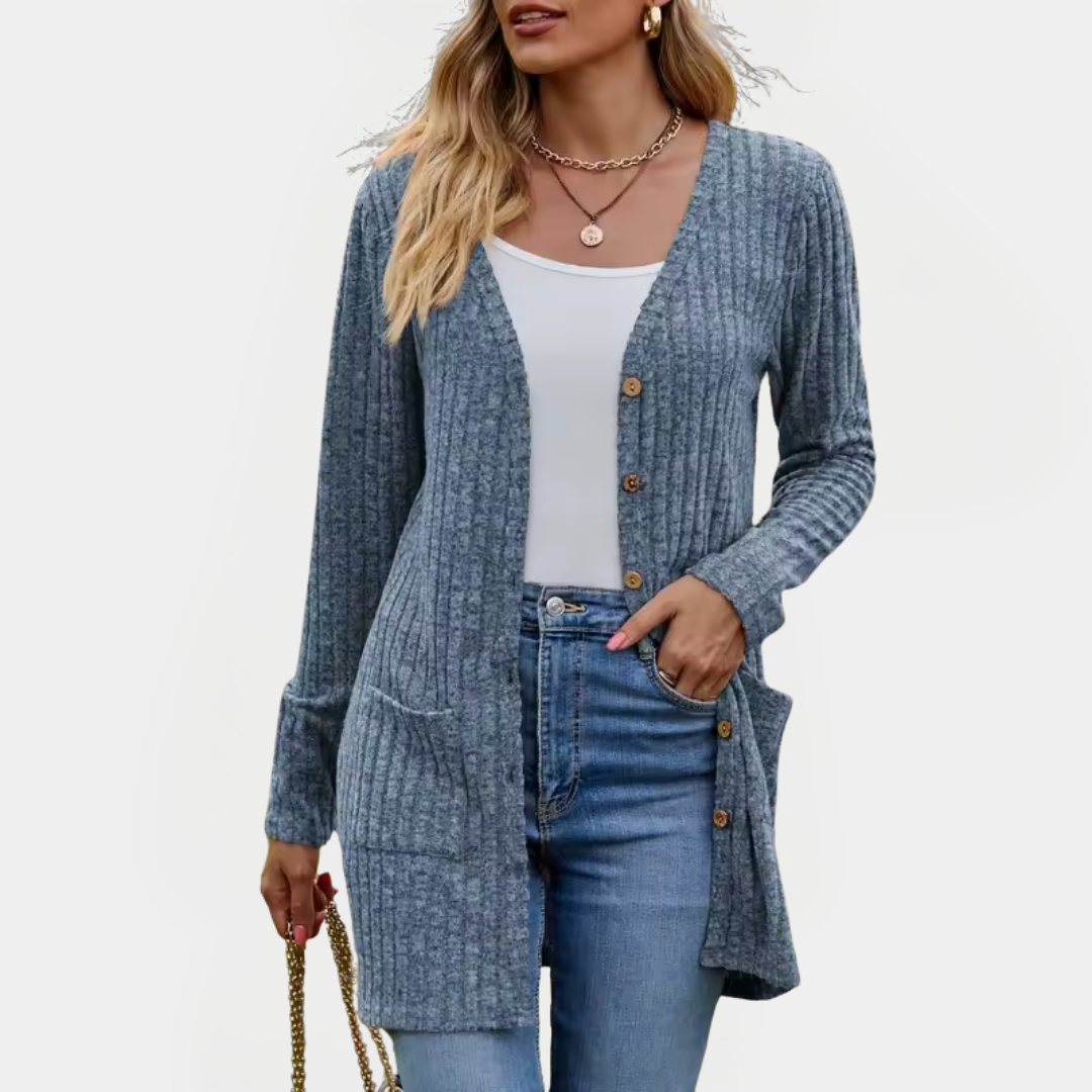 Micaela - Women's Ribbed Longline Cardigan with Button Front
