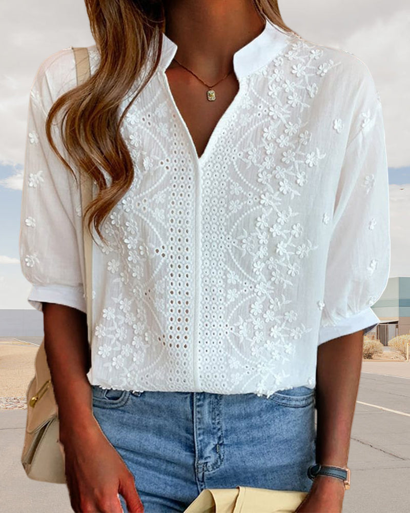Women's White Blouse V-neck Puff Sleeves Embroidered Details