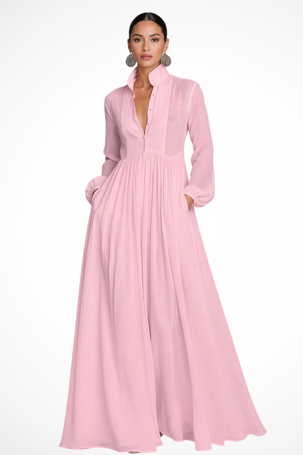 Women's Long Sleeve Maxi Dress with Button Front