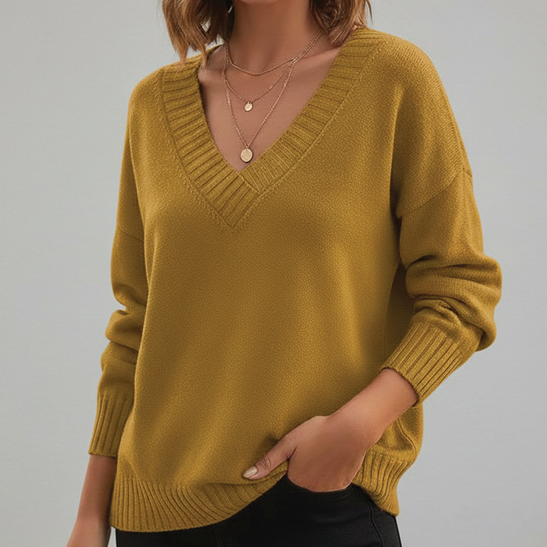 Women's V-Neck Sweater with Fluid Drape