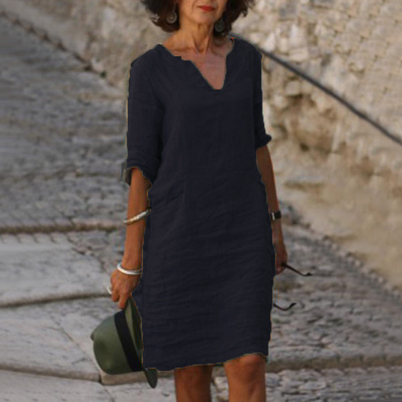 Women's Relaxed Fit Casual V-Neck Linen-Style Midi Dress for Summer