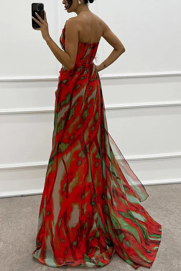 Sophia - Rochie maxi pentru damă, cu umăr deschis, cu imprimeu