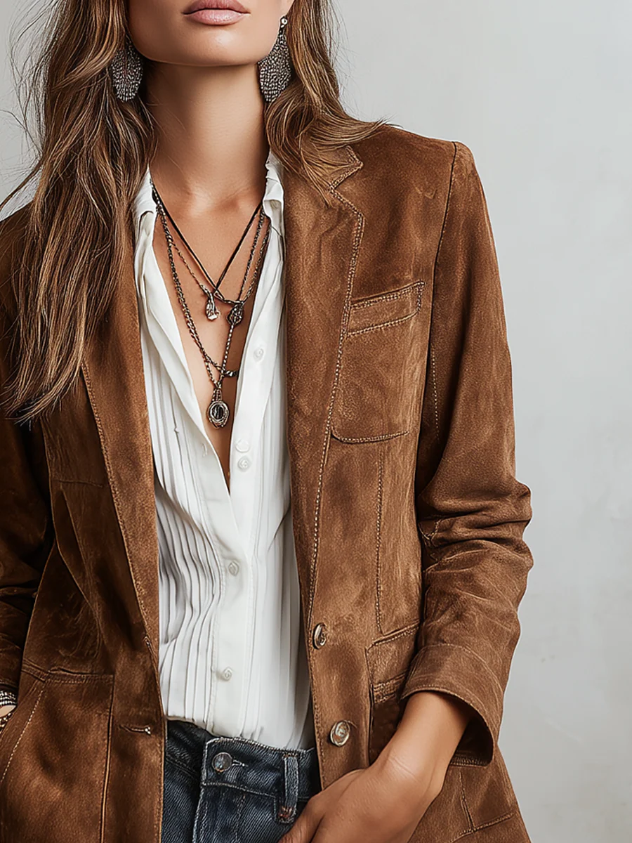 Anezka - Women's Suede Blazer with Button Front