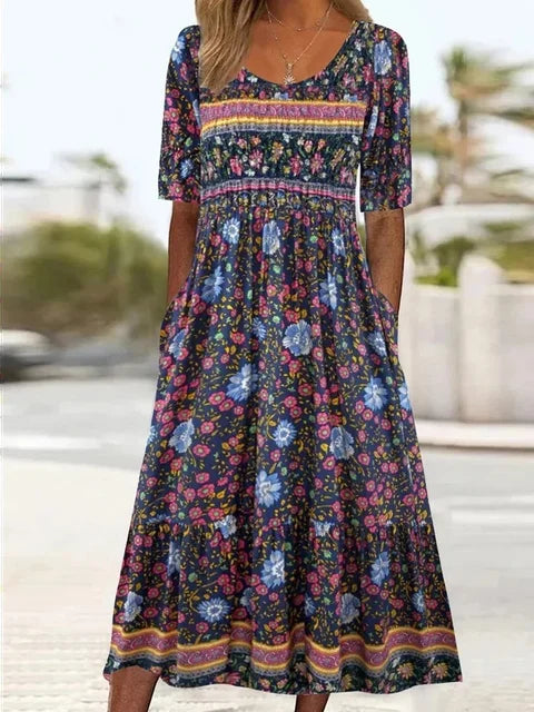 Abito midi bohémien da donna con tasche