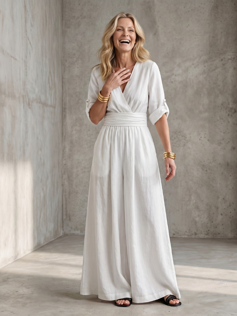 Women's Cross-Front Wide-Leg Jumpsuit with Defined Waist