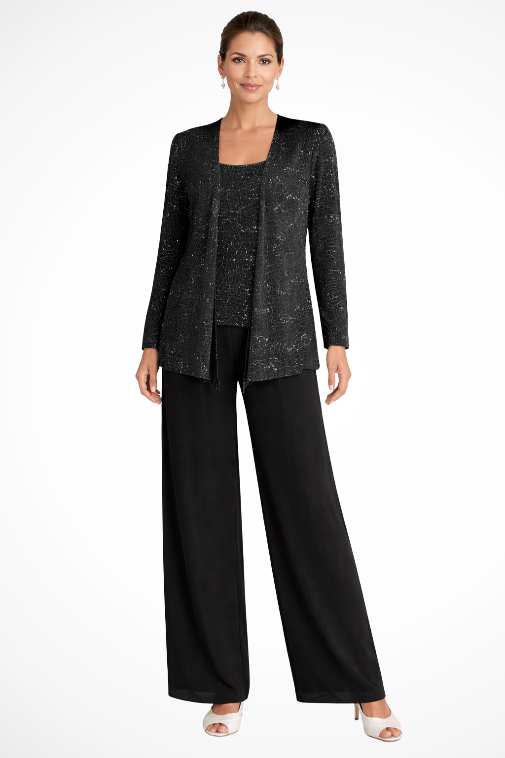 Women's Sequin Lace Three Piece Trouser Suit Wide Leg