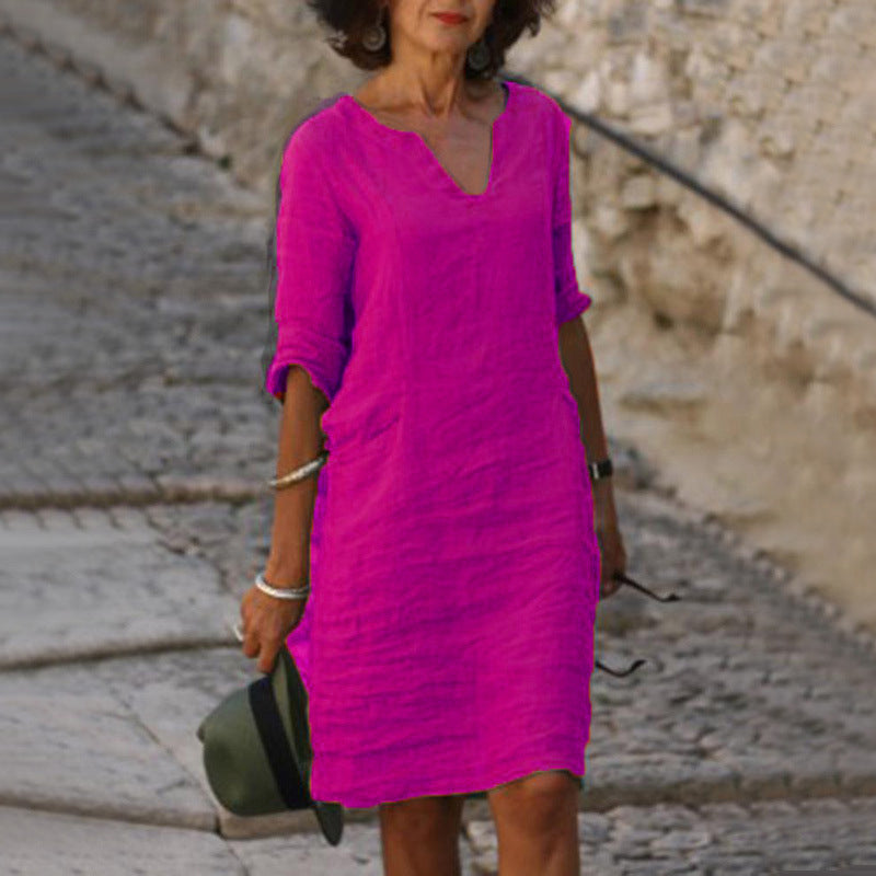 Women's Relaxed Fit Casual V-Neck Linen-Style Midi Dress for Summer