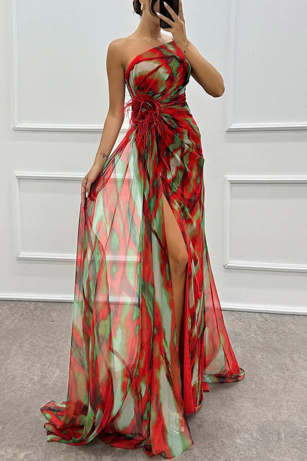 Sophia - Rochie maxi pentru damă, cu umăr deschis, cu imprimeu