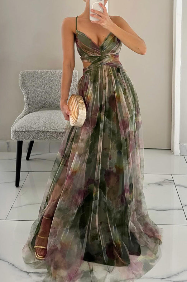 Abito lungo floreale da donna per invitate a nozze con gonna plissettata
