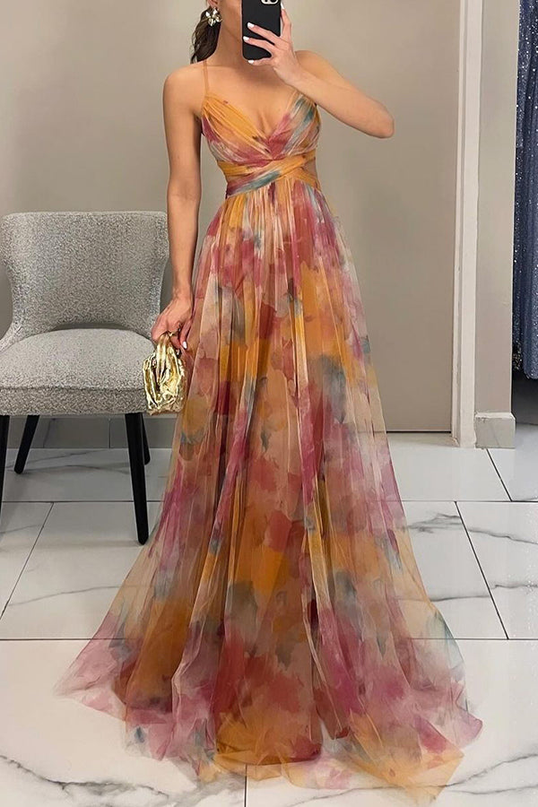 Abito lungo floreale da donna per invitate a nozze con gonna plissettata