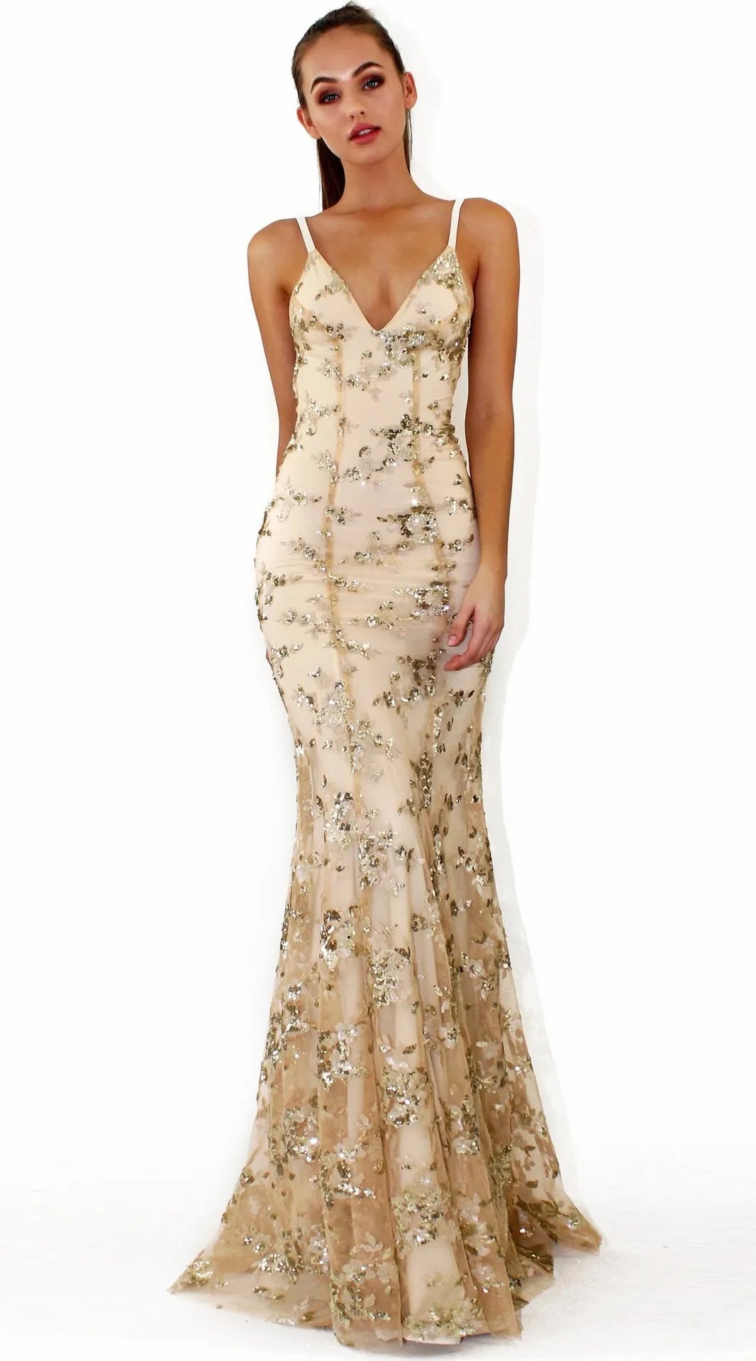Women's Sequin Mermaid Maxi Dress with Deep V-Neck and Fishtail Hem