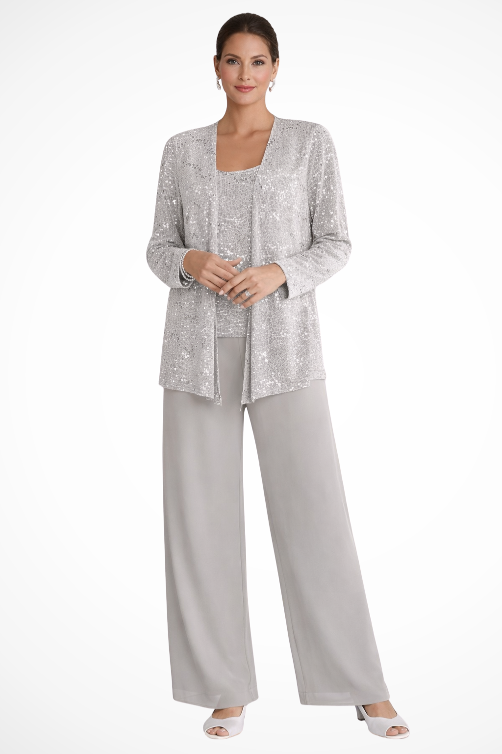 Women's Sequin Lace Three Piece Trouser Suit Wide Leg