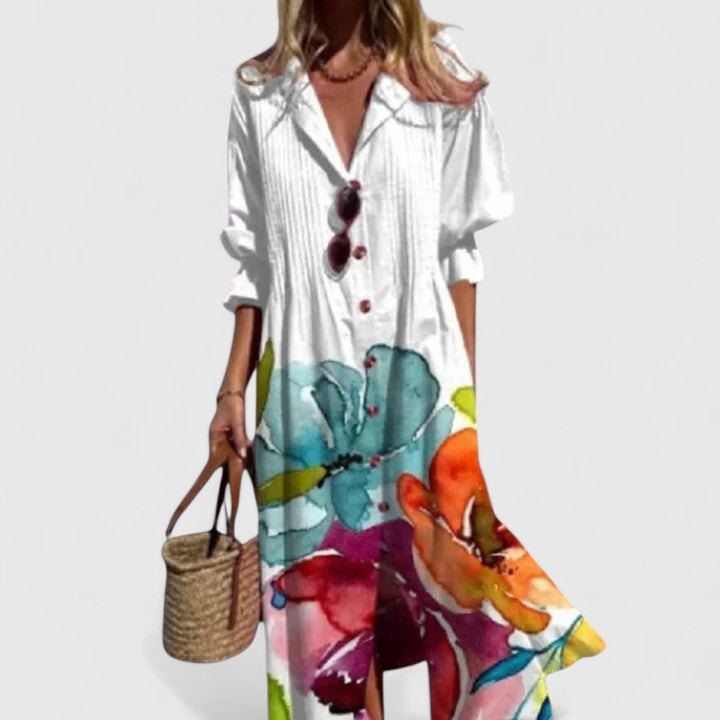 Women's Leaf Print Maxi Shirt Dress with Button Front - photo 1