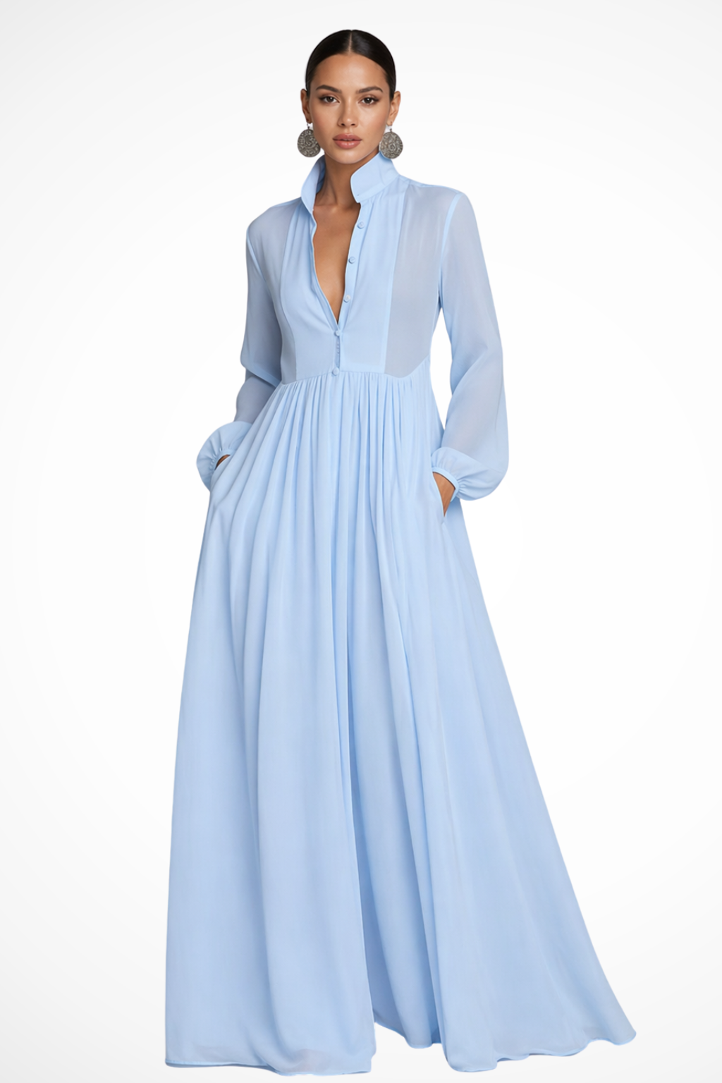 Women's Long Sleeve Maxi Dress with Button Front