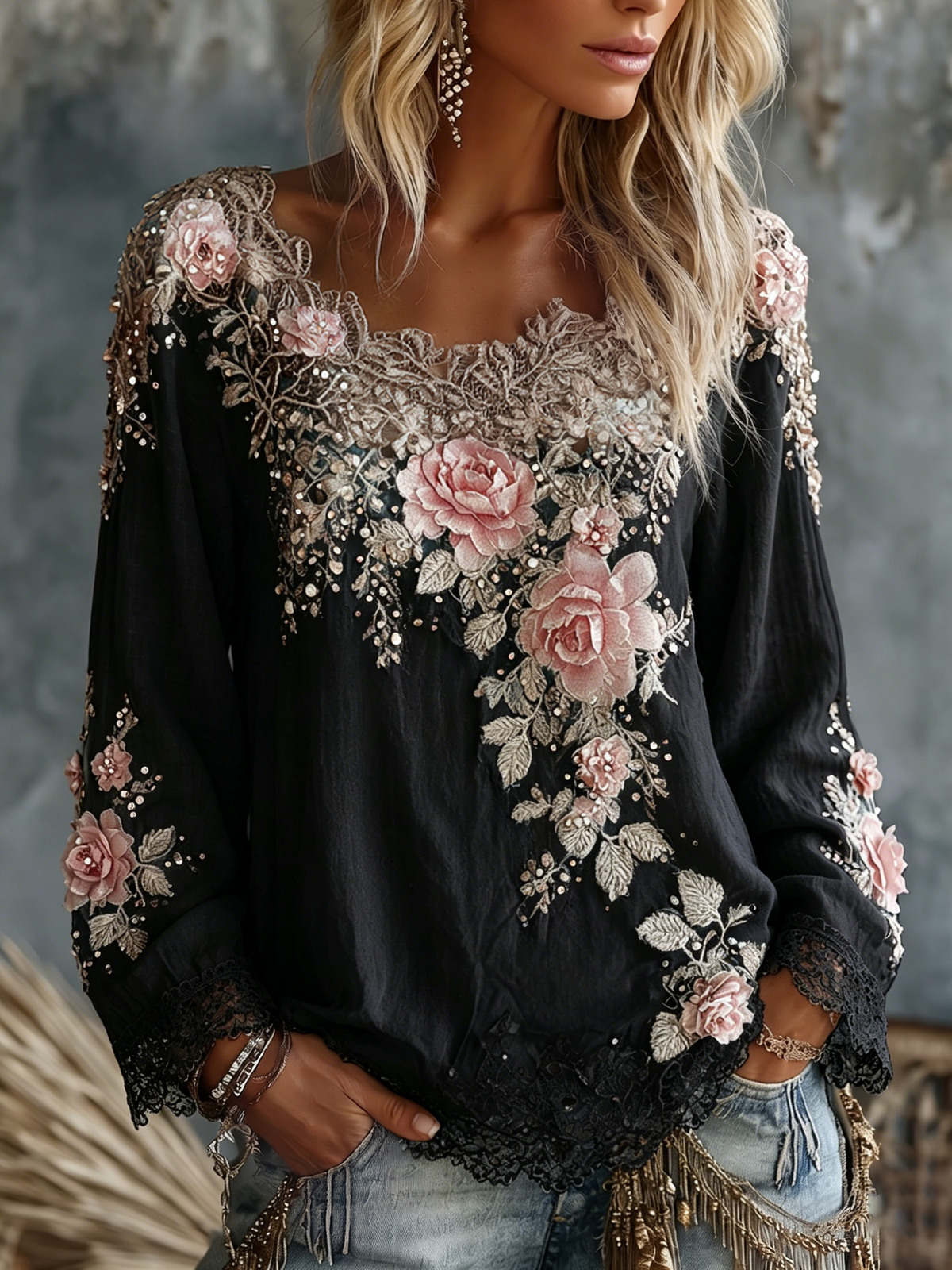 Cardydony - Women's Vintage Floral Crew Neck Long Sleeve Top - photo 8