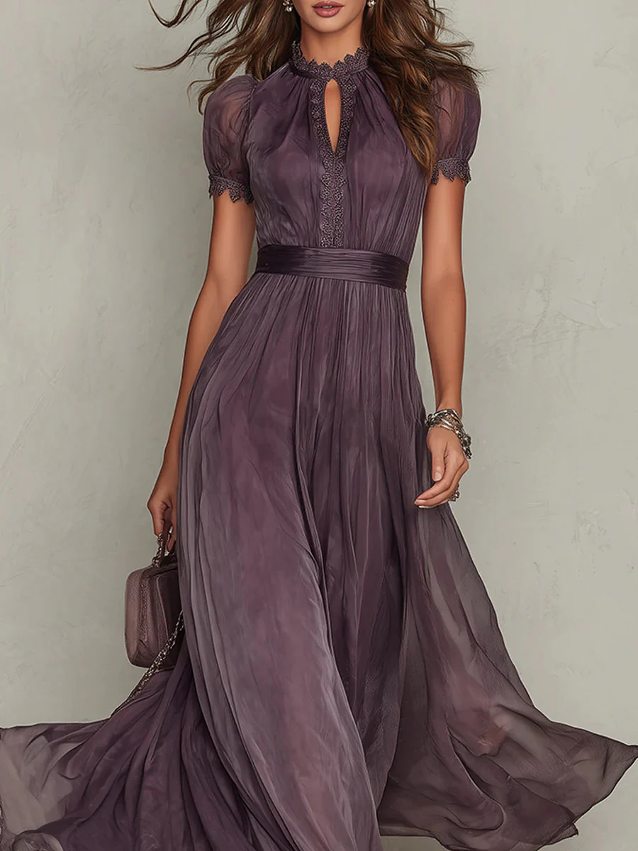Renata - Women's Maxi Dress with High Neck and Puff Sleeves