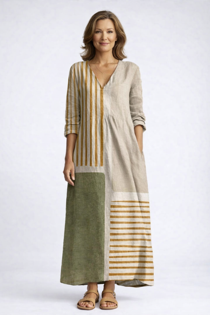 Nova - Women's Striped Linen V-Neck Midi Dress - photo 2