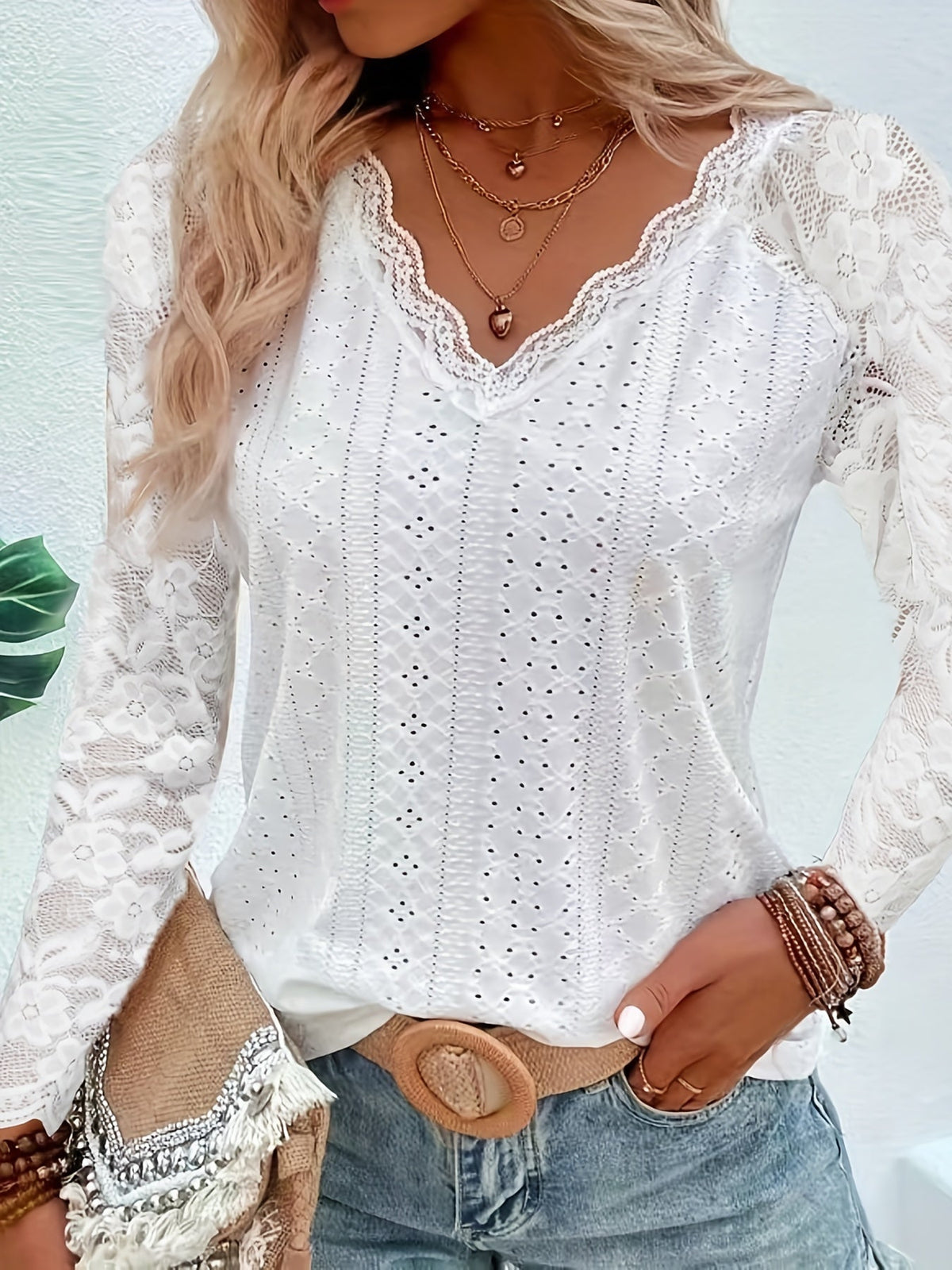Ileana - Women's Top with Lace Sleeves and Tie Neck