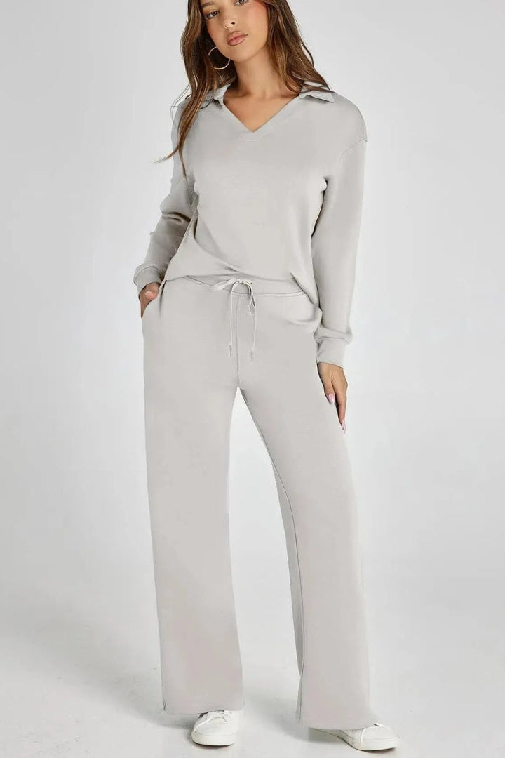 Women's Lounge Set with Collared V Neck Top and Wide Leg Pants