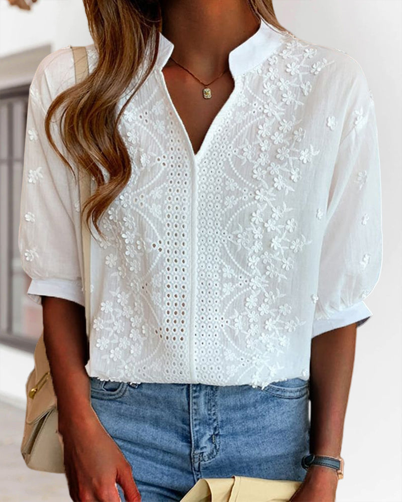 Women's White Blouse V-neck Puff Sleeves Embroidered Details