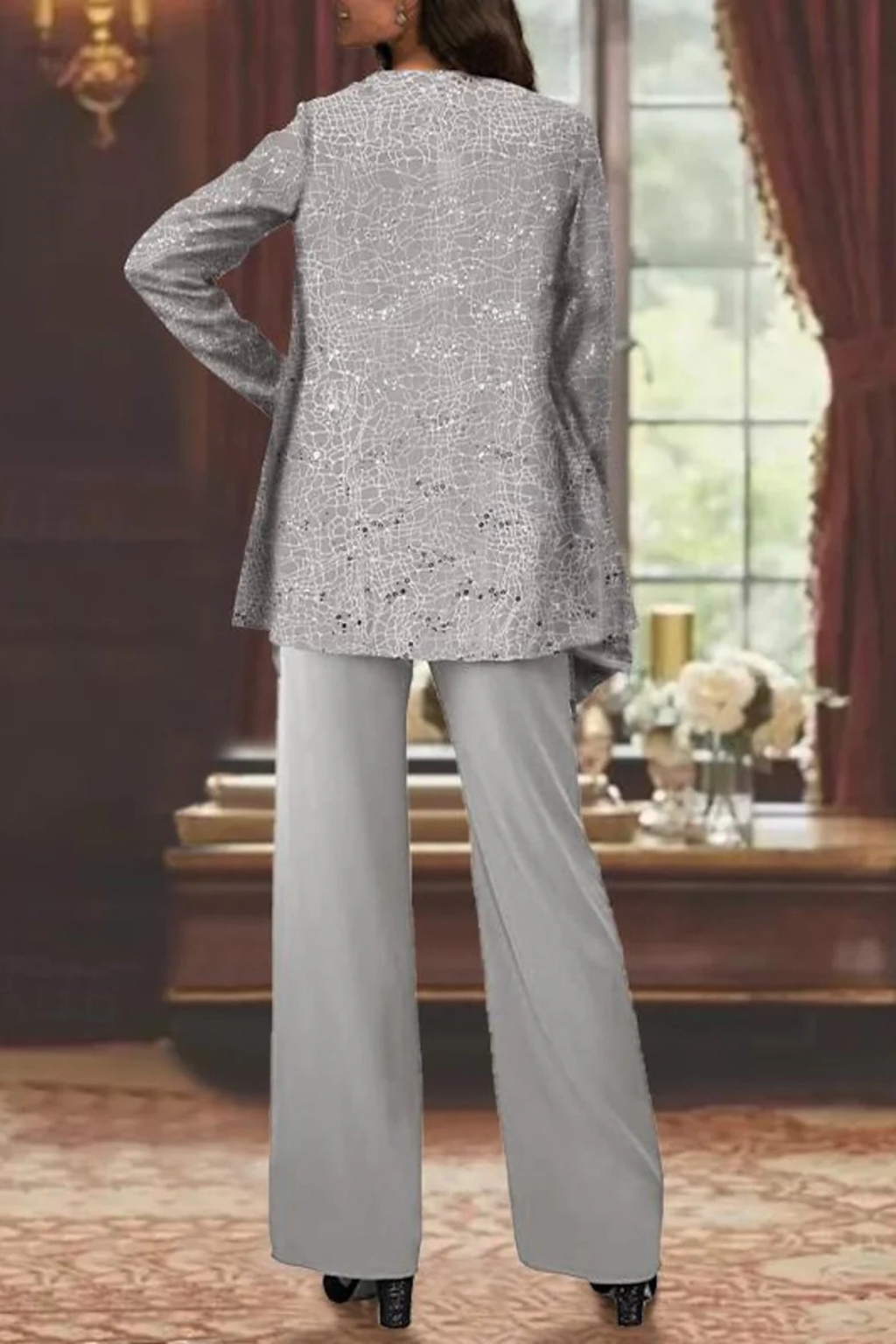 Women's Sequin Lace Three Piece Trouser Suit Wide Leg