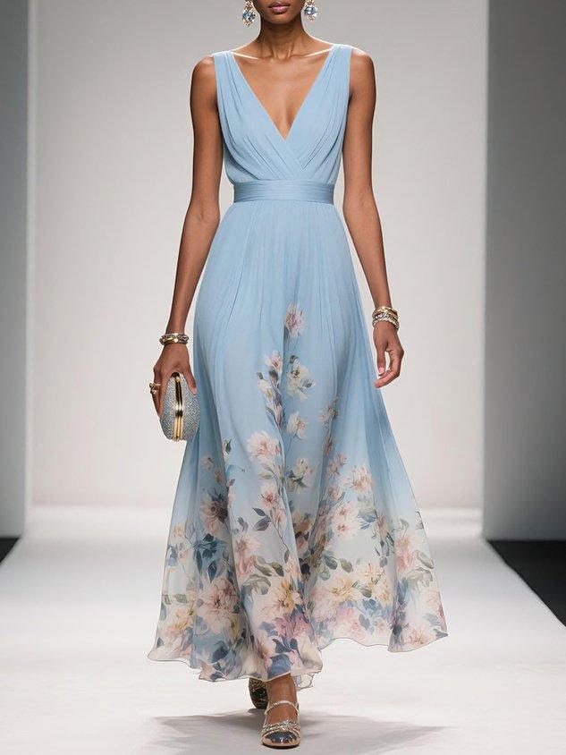 Rochie midi florală cu decolteu adânc în V pentru damă