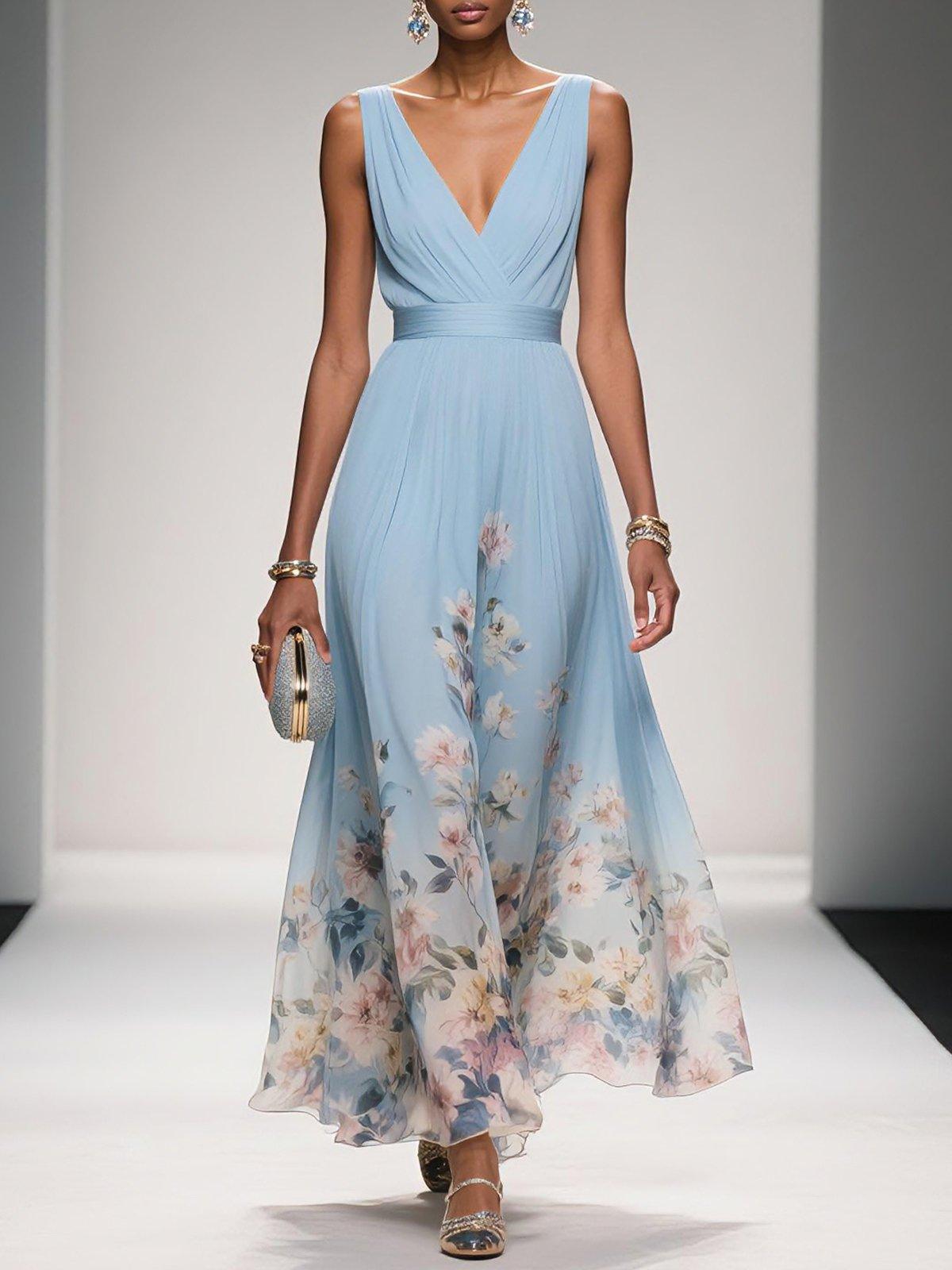 Floral Midi Dress with Deep V Neckline for Women - photo 1