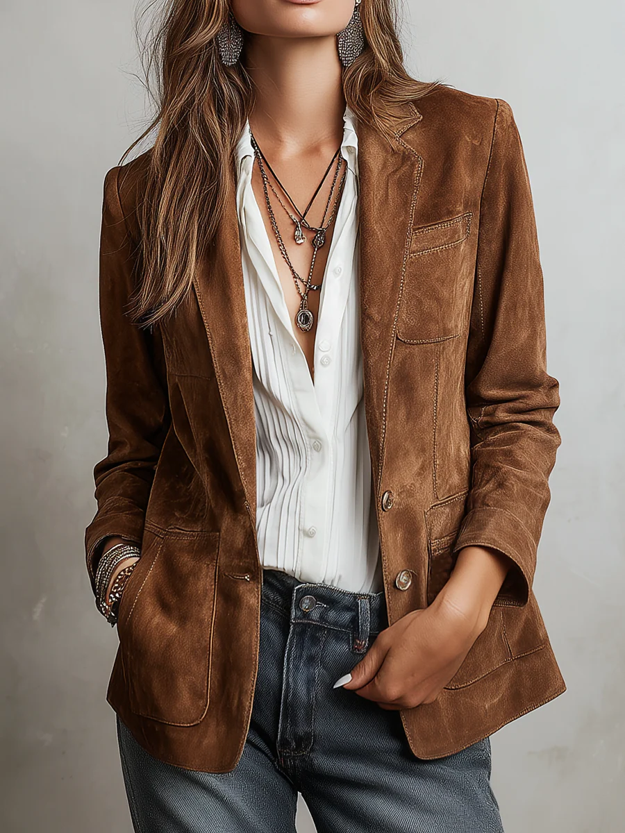 Anezka - Women's Suede Blazer with Button Front