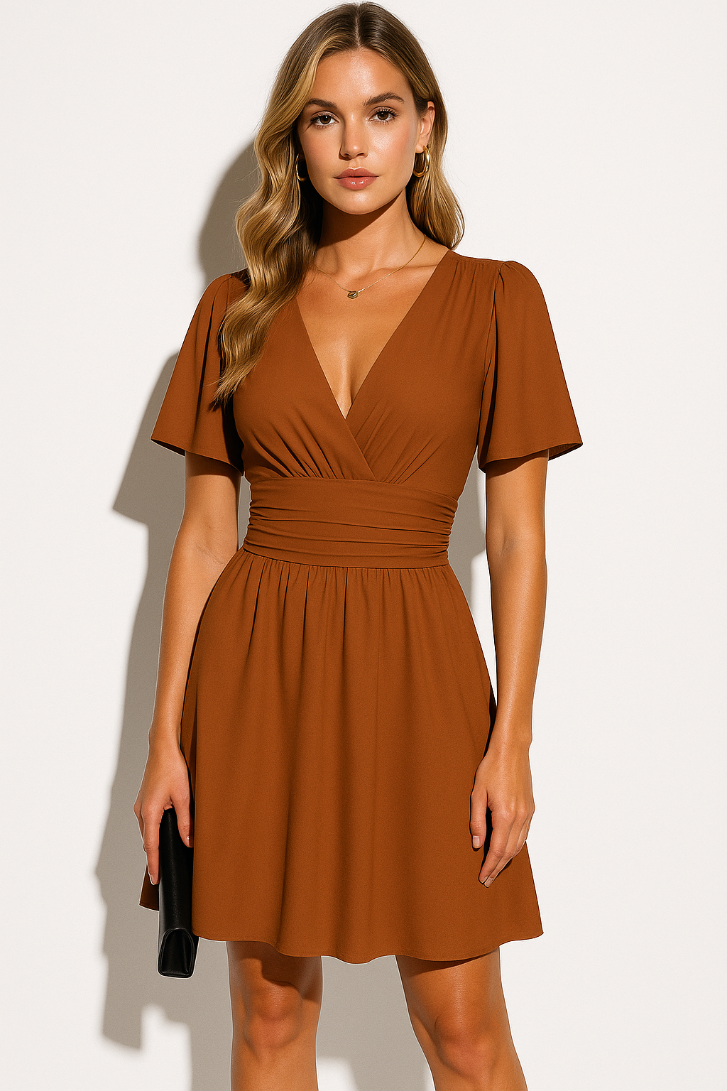 Mini abito da donna a maniche corte con scollo a V dalla linea ad A