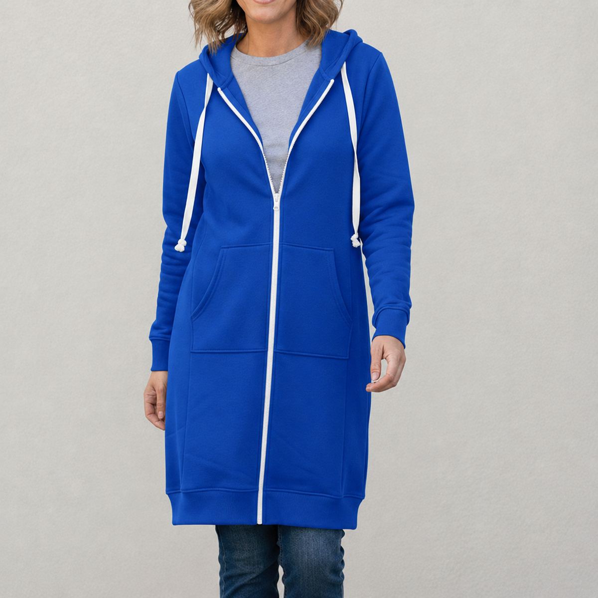 Veronica - Women's Long Hooded Jumper - Blue