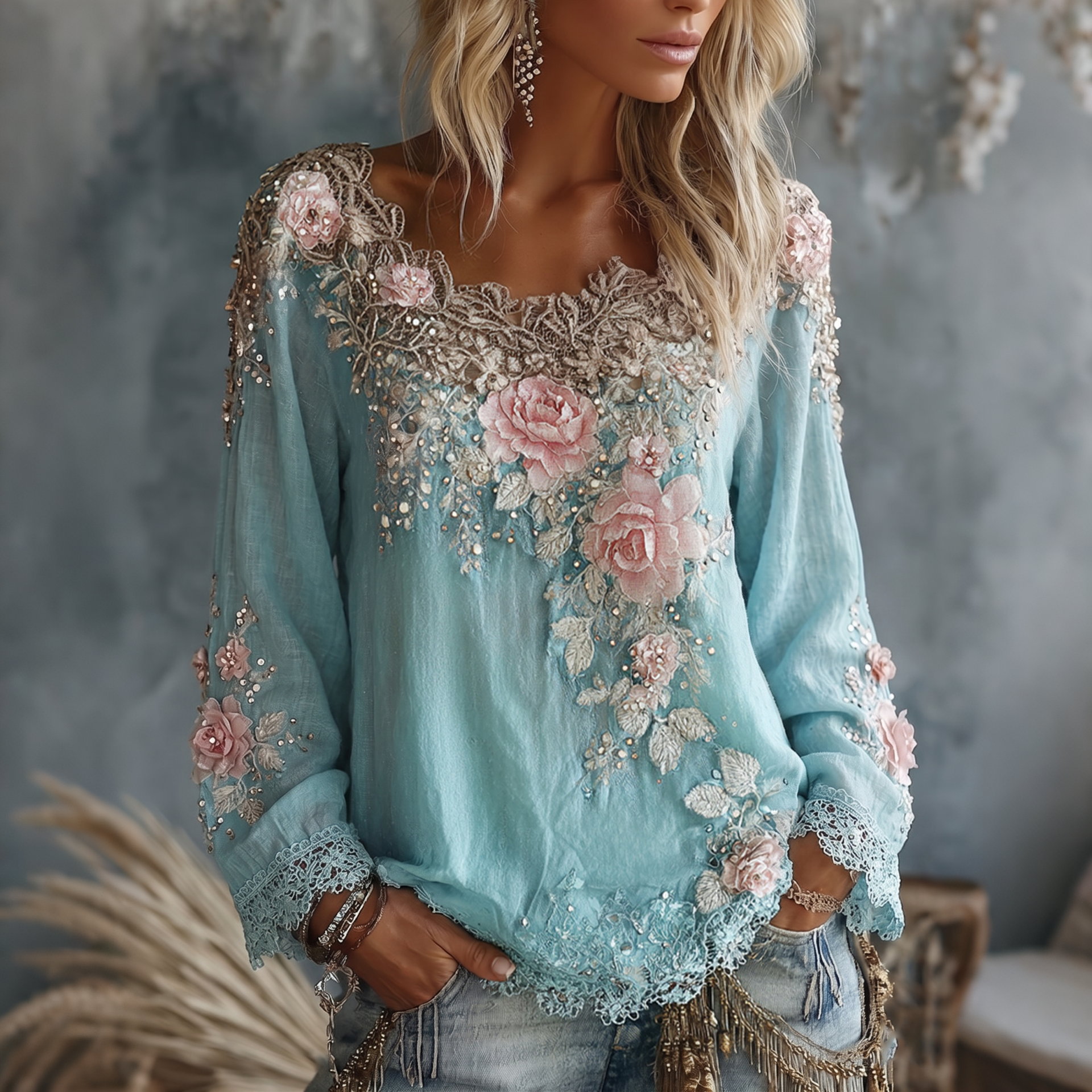 Cardydony - Women's Vintage Floral Crew Neck Long Sleeve Top - photo 2