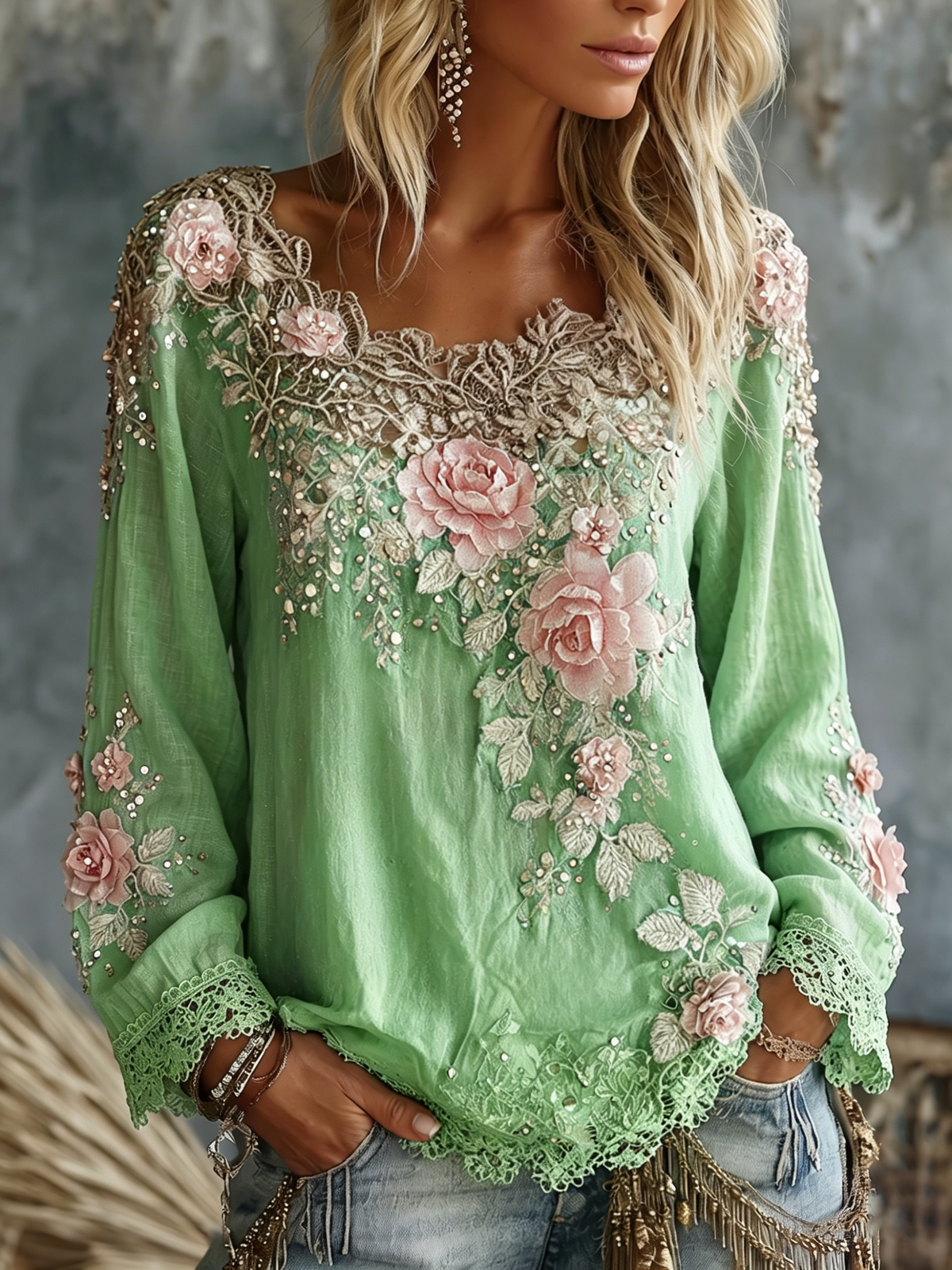 Esmeralda - Women's Vintage Floral Crew Neck Long Sleeve Top - photo 5