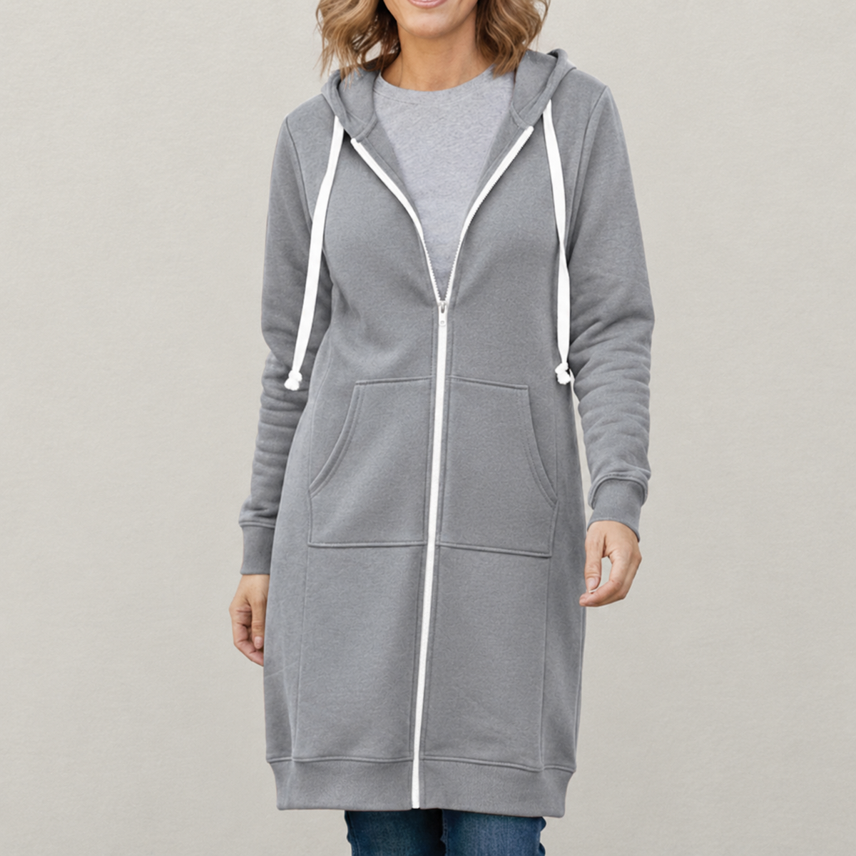Veronica - Women's Long Hooded Jumper - Grey