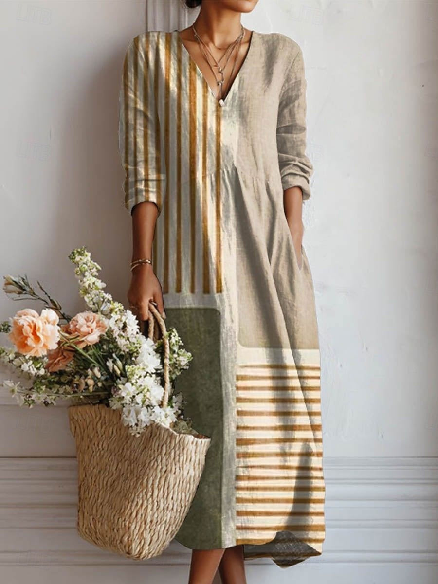 Nova - Women's Striped Linen V-Neck Midi Dress - photo 1