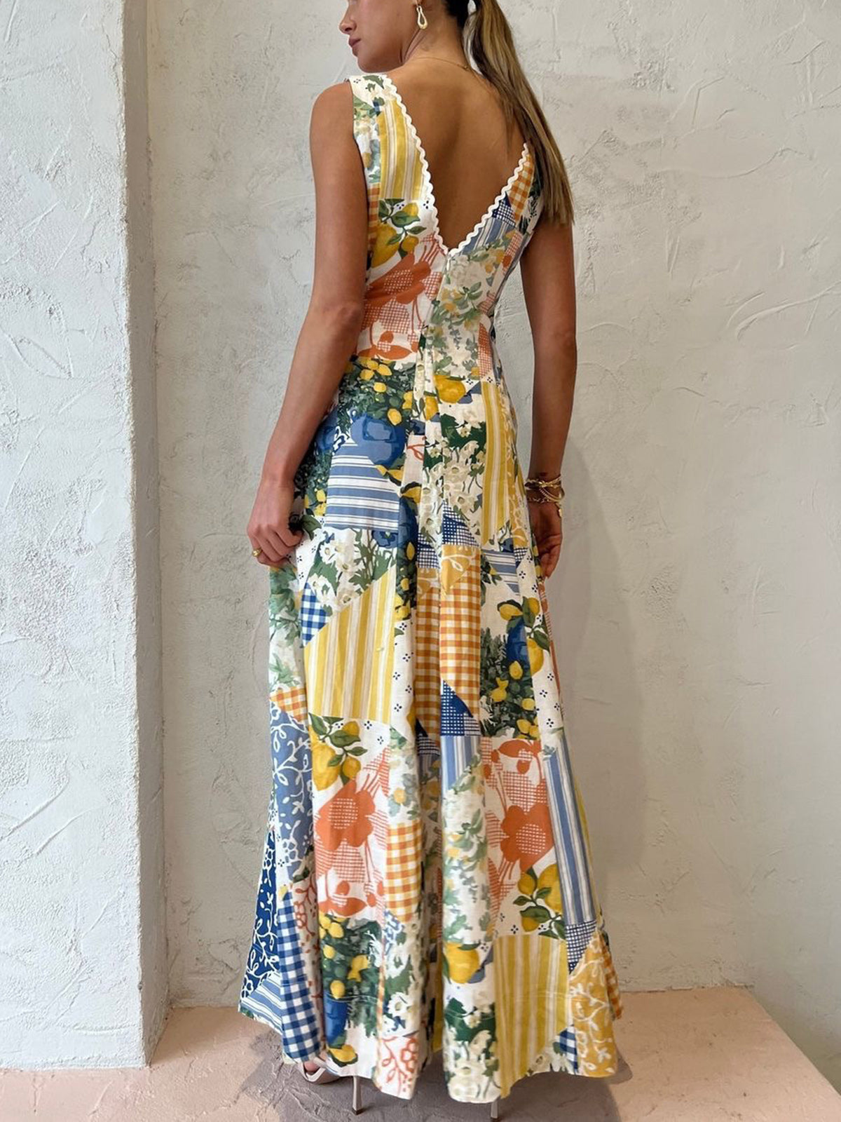 Women's Patchwork V-Neck Maxi Dress Bohemian Style - photo 3