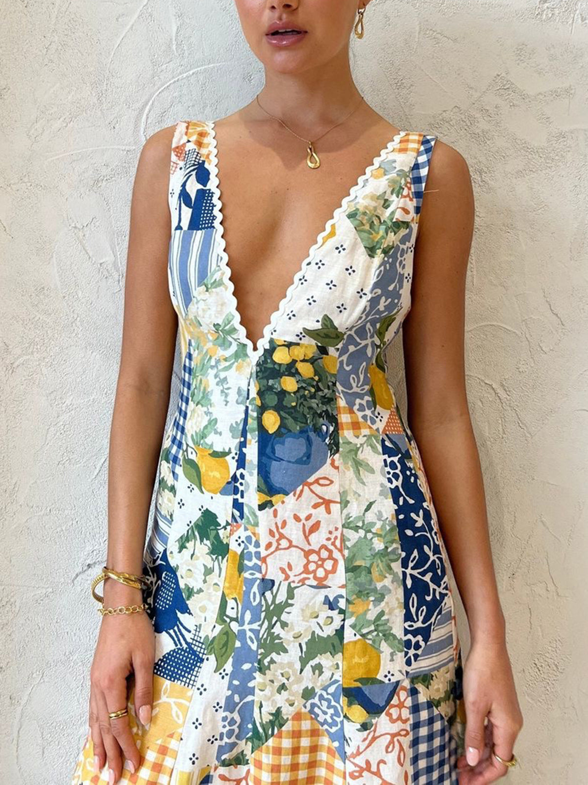 Women's Patchwork V-Neck Maxi Dress Bohemian Style - photo 4