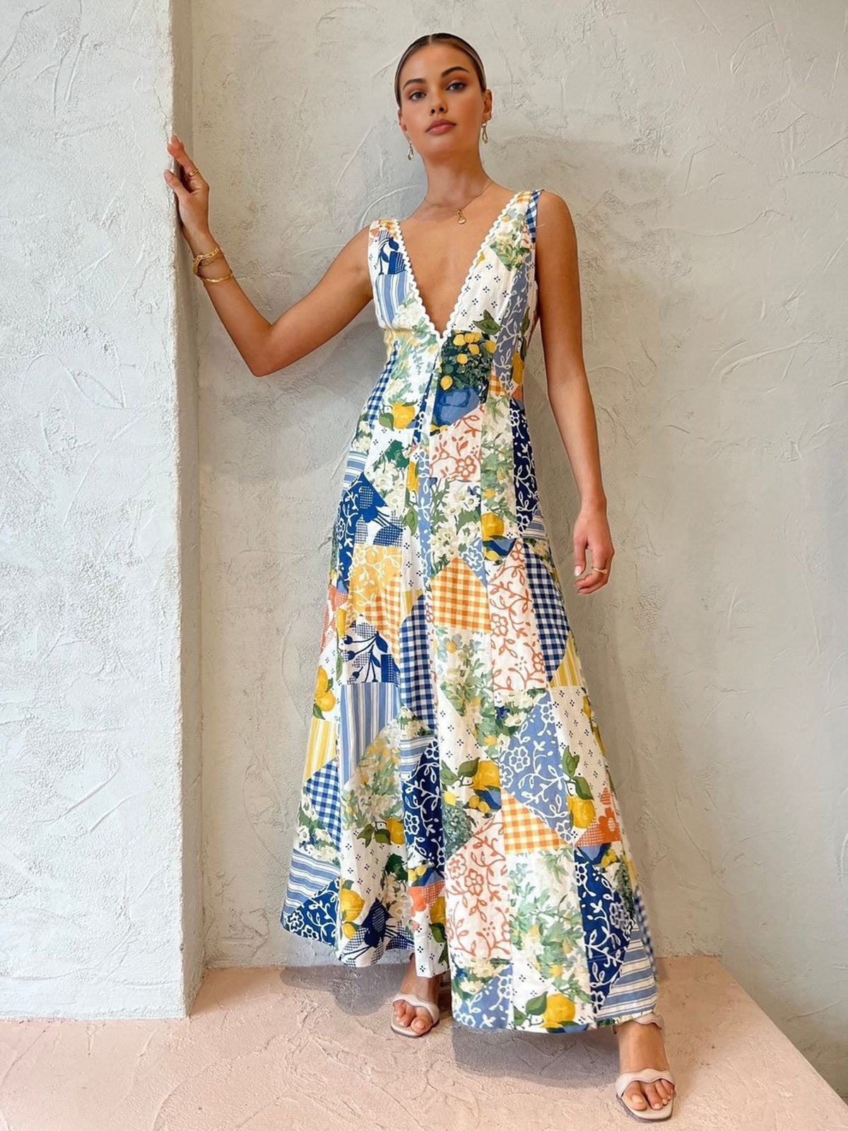 Abito lungo da donna con scollo a V patchwork in stile bohémien