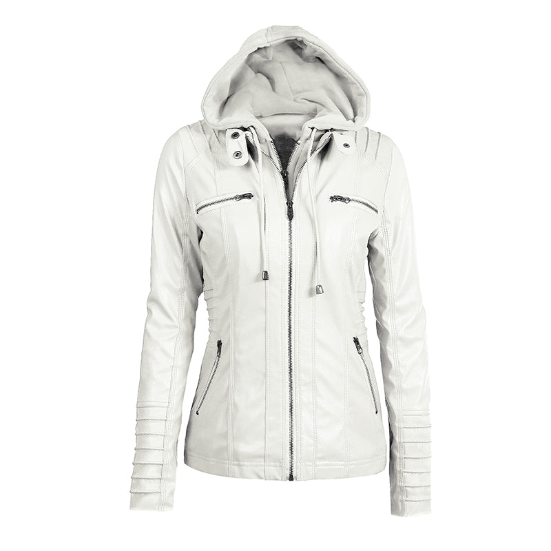 Giacca moto in pelle da donna con cappuccio