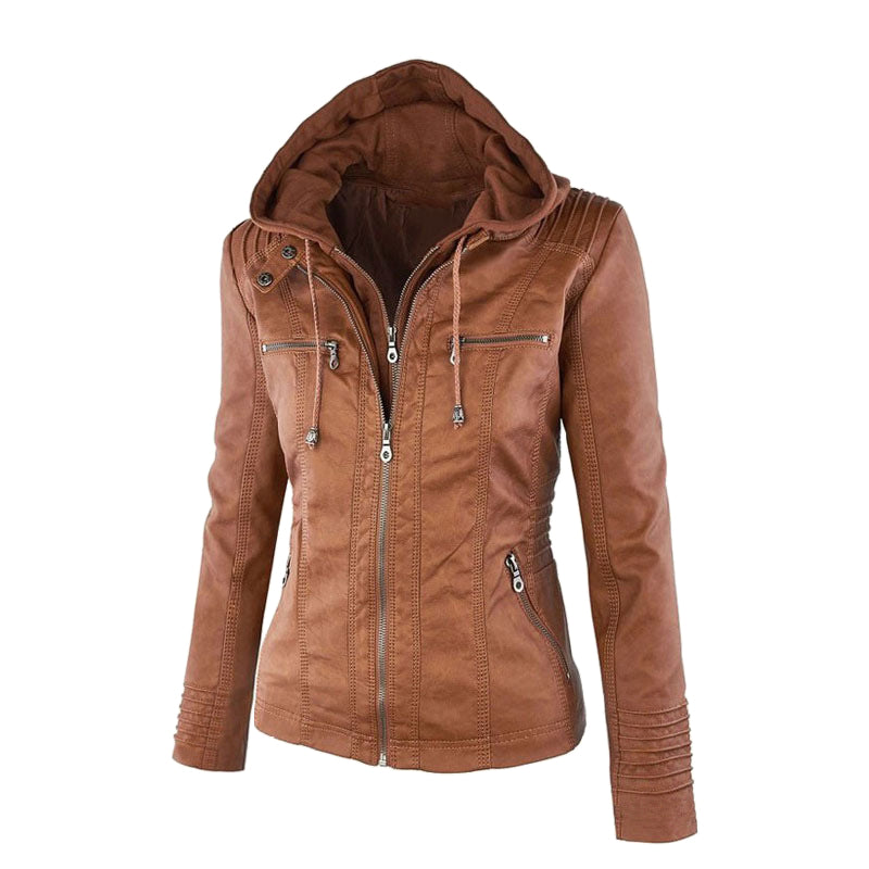 Giacca moto in pelle da donna con cappuccio