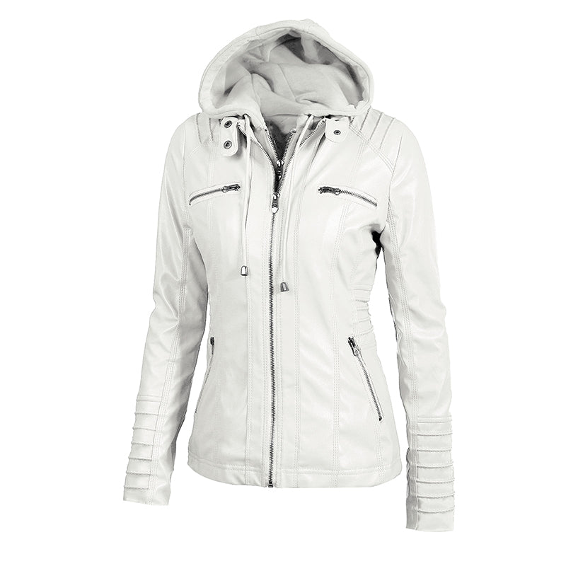 Giacca moto in pelle da donna con cappuccio