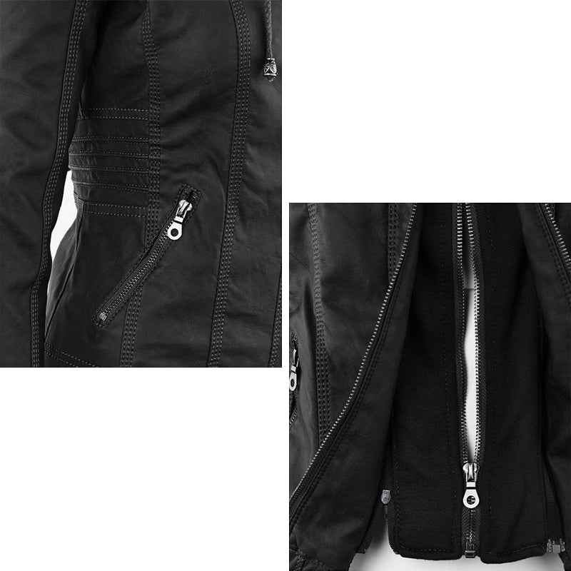 Giacca moto in pelle da donna con cappuccio