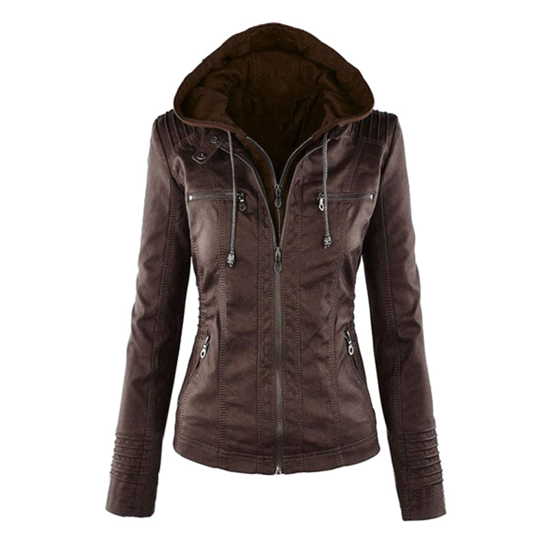 Giacca moto in pelle da donna con cappuccio