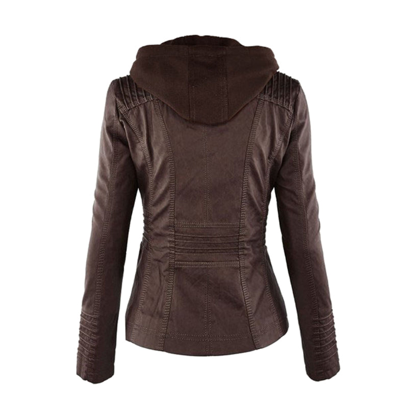 Giacca moto in pelle da donna con cappuccio
